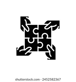 Manos conectando el icono del puzzle. Estilo sólido simple. 4 manos que conectan cuatro piezas del rompecabezas en un concepto de comunidad cuadrado completo. Silueta negra, símbolo de glifo. Ilustración vectorial aislada.