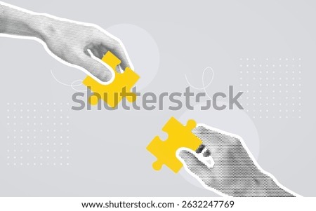 Hands connecting puzzle pieces. Concept of teamwork, partnership, cooperation, achieving goal success.