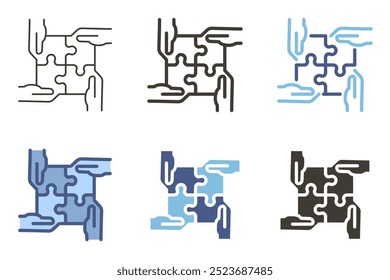 Hands connecting puzzle pieces vector icon. Collaboration, teamwork, partnership. Problem solving and strategy graphic element.