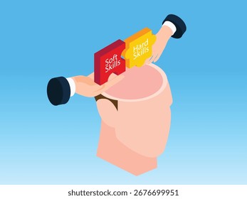 Hands connecting soft skills and hard skills puzzle pieces in a person's head 3d isometric vector illustration