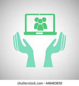 hands connecting with technology icon, vector illustration