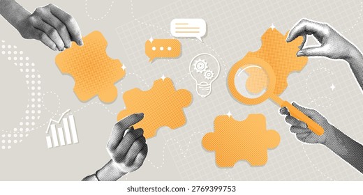 Hands connecting yellow puzzle pieces using analysis. Trendy halftone collage. Concept of teamwork, strategy, and problem solving for business development and the creative design process. Digital art.