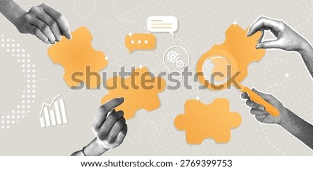 Hands connecting yellow puzzle pieces using analysis. Trendy halftone collage. Concept of teamwork, strategy, and problem solving for business development and the creative design process. Digital art.