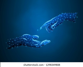 Hands connection, business conversation, Polygonal space low poly with connecting dots and lines. people communication concept. Connection wireframe structure. Vector on dark blue background