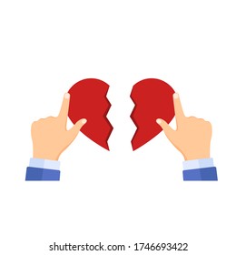 Hands connects two halves of heart icon. Vector illustration of broken heart isolated on white background. Cartoon style