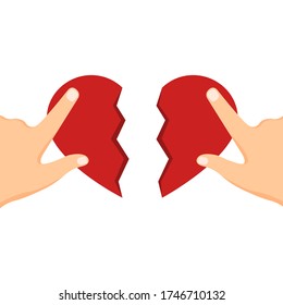 Hands connects two halves of heart icon. Vector illustration of broken heart isolated on white background. Cartoon style