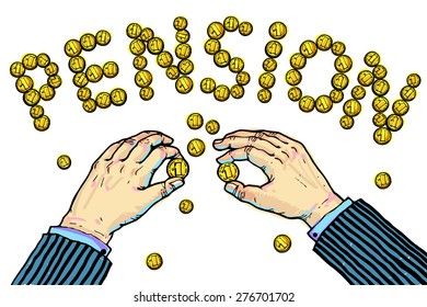 Hands constituting word "PENSION" from the coins.