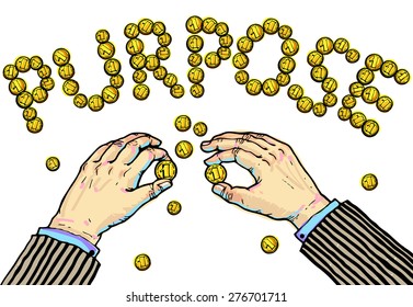 Hands constituting word "PURPOSE" from the coins.