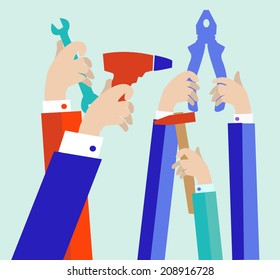 Hands with  Construction Equipment- Hammer, Drill,  wrench and pliers