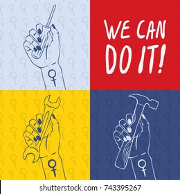 Women’s hands with construction tools. Pop art hand drawn illustration.