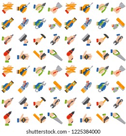 Hands with construction tools seamless pattern background worker equipment house renovation handyman vector illustration.
