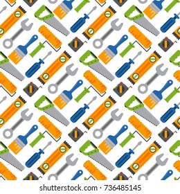 Hands with construction tools seamless pattern background worker equipment house renovation handyman vector illustration.