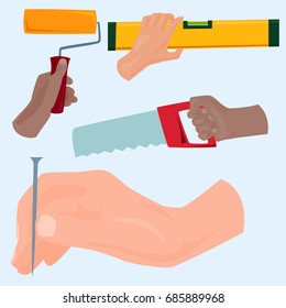 Hands with construction tools vector cartoon style House renovation handyman illustration