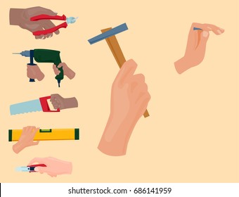 Hands with construction tools vector cartoon style House renovation handyman illustration