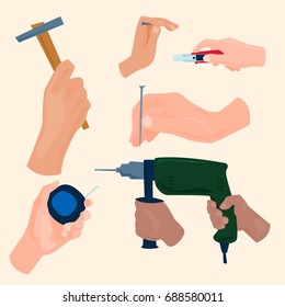 Hands with construction tools vector cartoon style House renovation handyman illustration