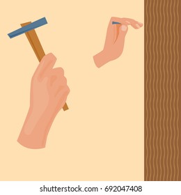 Hands with construction tools vector cartoon style House renovation handyman illustration