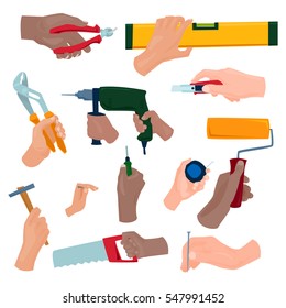 Hands with construction tools vector illustration.