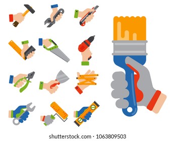 Hands with construction tools worker equipment house renovation handyman vector illustration.