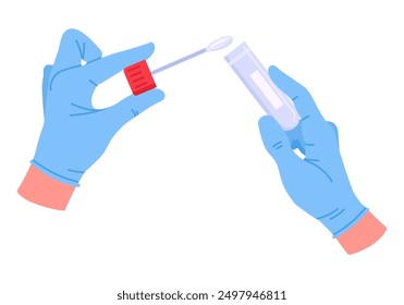 Hands with container for biological materials. Medical lab worker hands in rubber gloves holding polymer container with biological samples flat vector illustration. Lab test container in hands