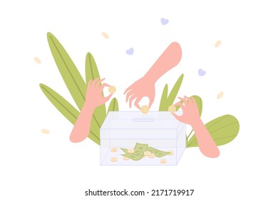 Hands contributing coins. Contributor money donation, fundraising pension financial fund welfare cash in bank box, hand coin, save investment moneybox vector illustration of contribution coin money