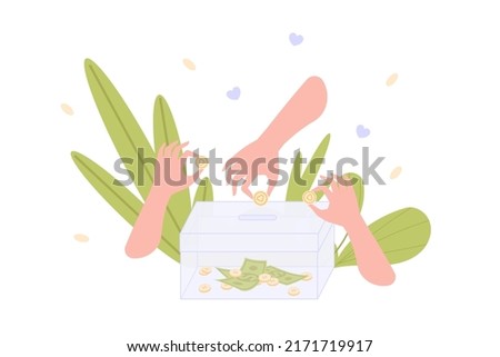 Hands contributing coins. Contributor money donation, fundraising pension financial fund welfare cash in bank box, hand coin, save investment moneybox vector illustration of contribution coin money