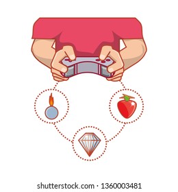 hands with control video game and set icons