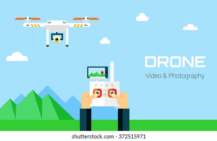 Hands controling unmanned aerial vechicle. Aerial Photography and Video vector illustration. Shooting and photography mountain landscape.