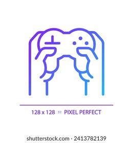 Hands with controller pixel perfect gradient linear vector icon. Person playing video game with joystick. Thin line color symbol. Modern style pictogram. Vector isolated outline drawing