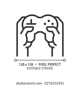 Hands mit Controller Pixel perfekt lineares Symbol. Person, die Videospiel mit Joystick spielt. Technologie der Unterhaltung. Dünne Illustration. Contour-Symbol. Vektorgrafik-Zeichnung. Bearbeitbarer Hub