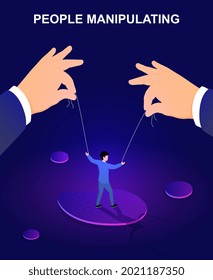 Hands controlling business puppet on strings. Concept of of exploitation, domination, control and manipulating of business workers. Flat cartoon vector illustration