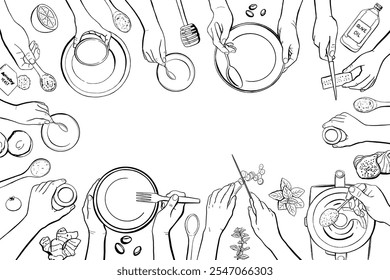 Mãos cozinhar comida, mão desenhada cozinhar banner aulas. Processo de cozedura, vista superior. Equipe durante a refeição, preparação de pratos a partir de ingredientes alimentares, corte vegetal a bordo no trabalho na aula de culinária.