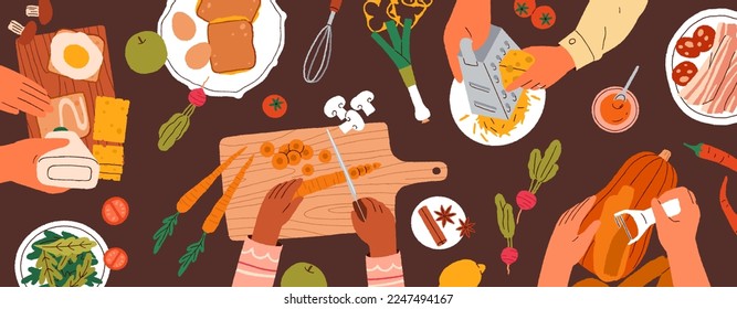 Hands cook food, top view. Cooking process overhead. Team during meal, dish preparation from healthy ingredients, cutting vegetable on board on worktop at culinary class. Flat vector illustration