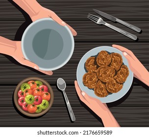 hands with cookies and tomatoes scene