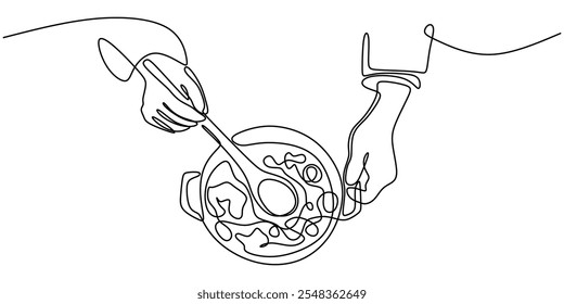 Hands cooking, depicted in a continuous one line drawing. A simple and minimalist food and drink concept.