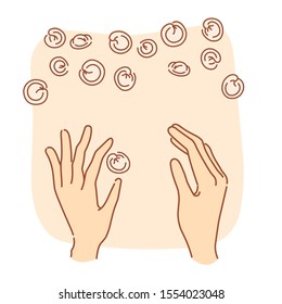 Hands and cooking. Dumplings. Flat linear drawing by hand. Isolated vector.