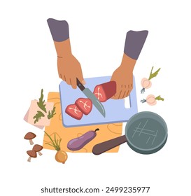 Hands cooking food, slicing sausage on board, flat cartoon vector illustration. Chef character preparing chopping on table top view. Person holding knife and cutting vegetables and meat with slice