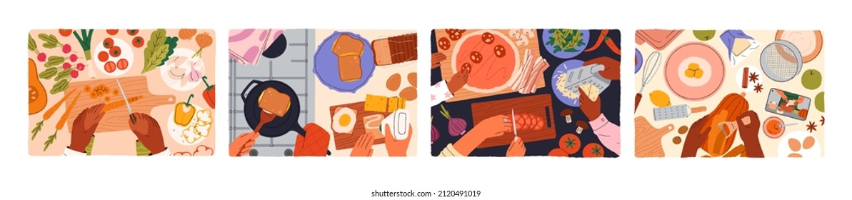 Hands cooking food, top view. Kitchen tables, worktops with cutting boards, ingredients, meals, online recipes. People cook salad, sandwiches, pizza for lunch and dinner. Flat vector illustrations