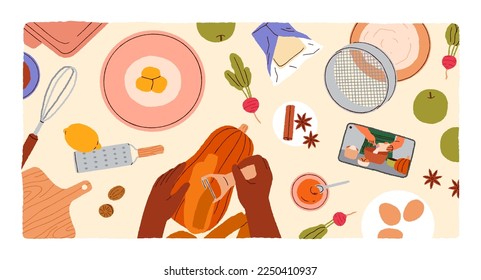 Hands cooking with online video tutorial on mobile phone, top view. Cook process by internet recipe. Preparing, making healthy vegetable dish from food ingredients, squash. Flat vector illustration