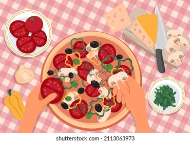 Hands are cooking pizza. On the table are ingredients: tomato, onion, pepper, cheese, herbs and mushrooms. Top view. The concept of cooking at home. Vector Illustration, flat style