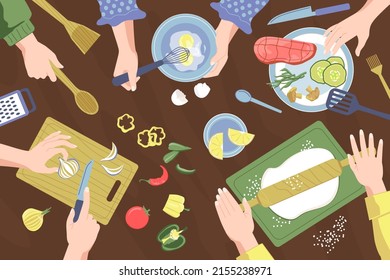 Hands cooking top. Cook class poster with top view of hands holding kitchenware and utensils, cutting and blending. Vector banner. Illustration of cooking at kitchen