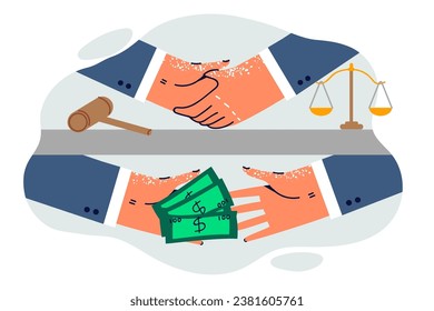 Hands of corrupt officials making criminal deal to make necessary court decision for money. Concept of bribery in judiciary and bribery of corrupt officials using financial motivation