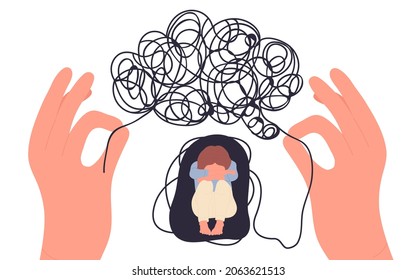 Hands of counselor work with mental problems of woman vector illustration. Cartoon young depressed female character sitting with tangled thoughts, brain knot. Mental health, counseling therapy concept