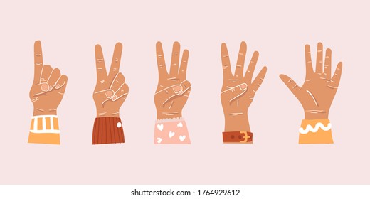 Hands count, counting on the fingers on an isolated background. Numbers on the hands. Hand smudge. Flat fashion illustration. Count on your fingers. Vector.