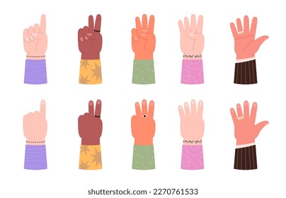 Hands counting from 1 to 5. Preschool teaching, study numbers and count. Cartoon fingers on open and closed palm. Hand gesture racy vector set