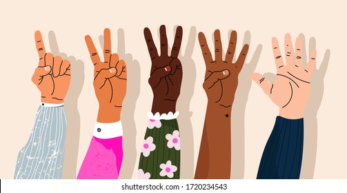 Hands counting by showing fingers. Numbers shown by hands. Variety of modern hand-drawn hand wrists. Cartoon style isolated elements. Trendy hand icons. Counting on fingers.