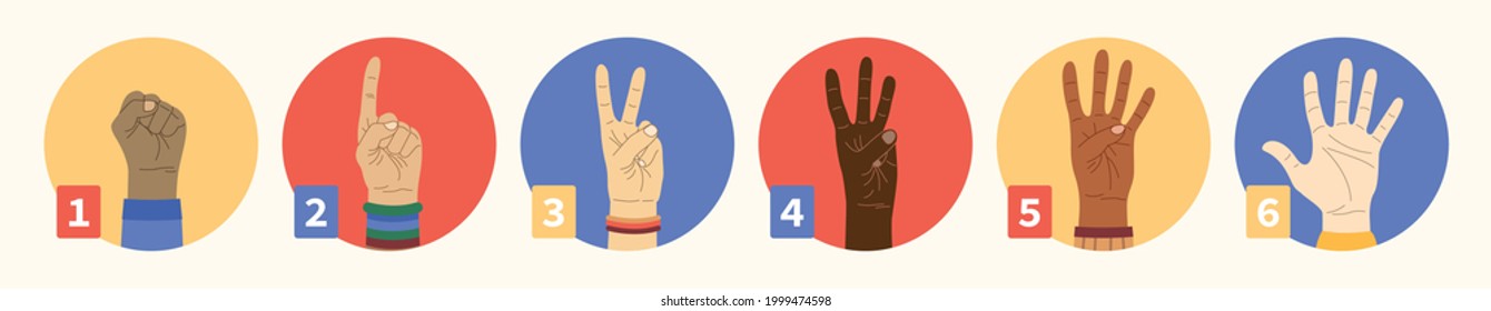 Hands counting by showing fingers. Cartoon style isolated elements. Trendy hand icons. Counting on fingers. Numbers shown by hands. Variety of modern hand-drawn hand wrists. 