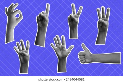 Hands counting on fingers. Grunge, halftone. set of different hands. Vector collage art. halftone collage