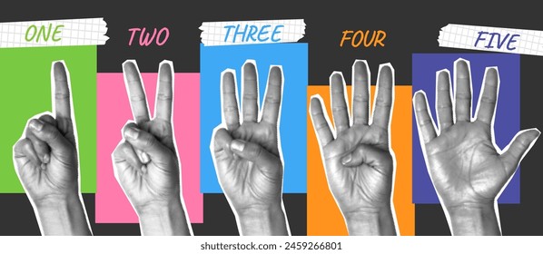 Hands counting on fingers. Hand number gestures, collage art. Grunge halftone bending finger show numbers. Five wrists with different sign for web design and vector concept. Body language