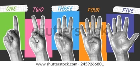 Hands counting on fingers. Hand number gestures, collage art. Grunge halftone bending finger show numbers. Five wrists with different sign for web design and vector concept. Body language