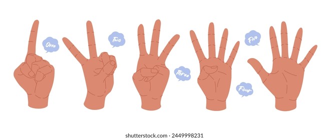 Hands counting set on white background. Fingers showing number one, two, three, four and five. Countdown gesture collection